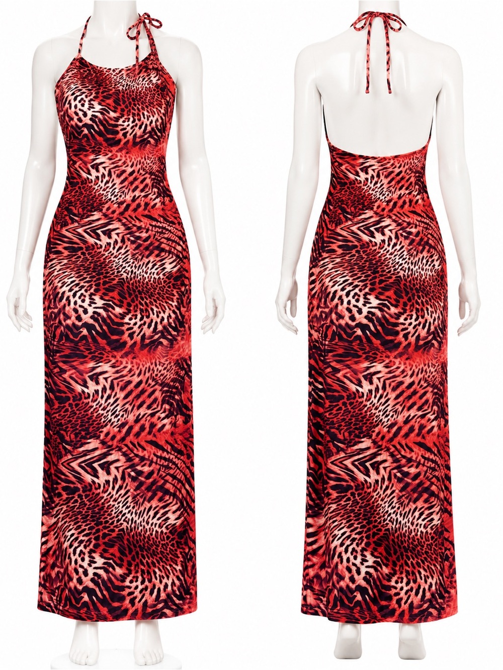Red Animal-Print Halter Maxi Dress by